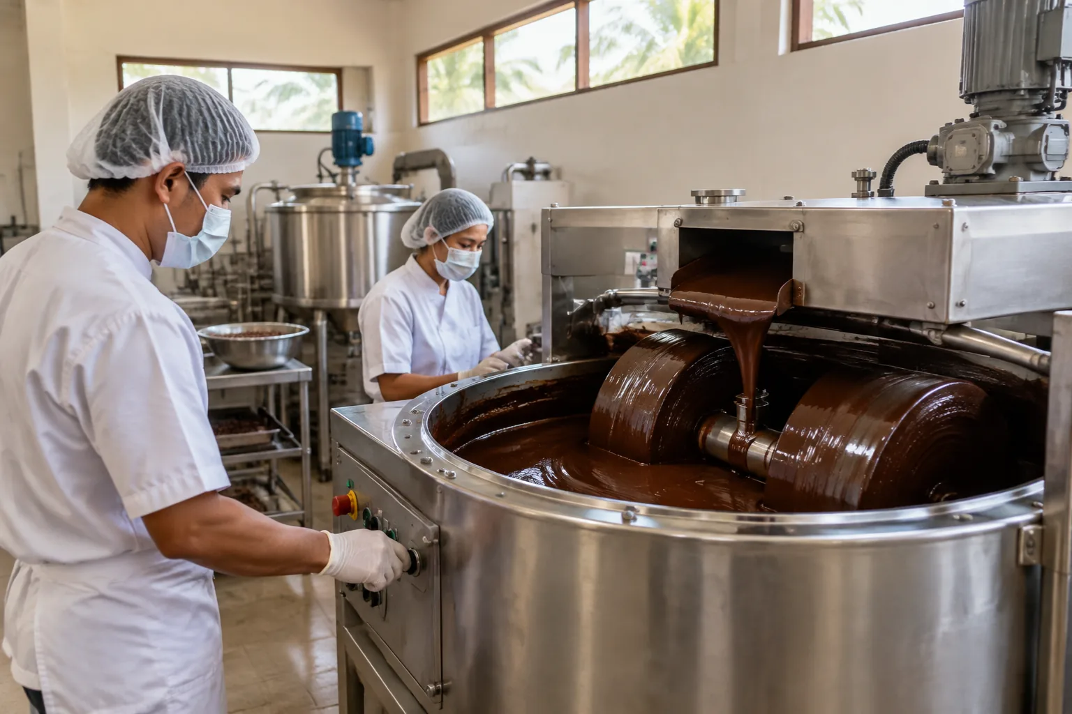 Ilustrasi AI: pekerja mengoperasikan mesin cokelat di pabrik