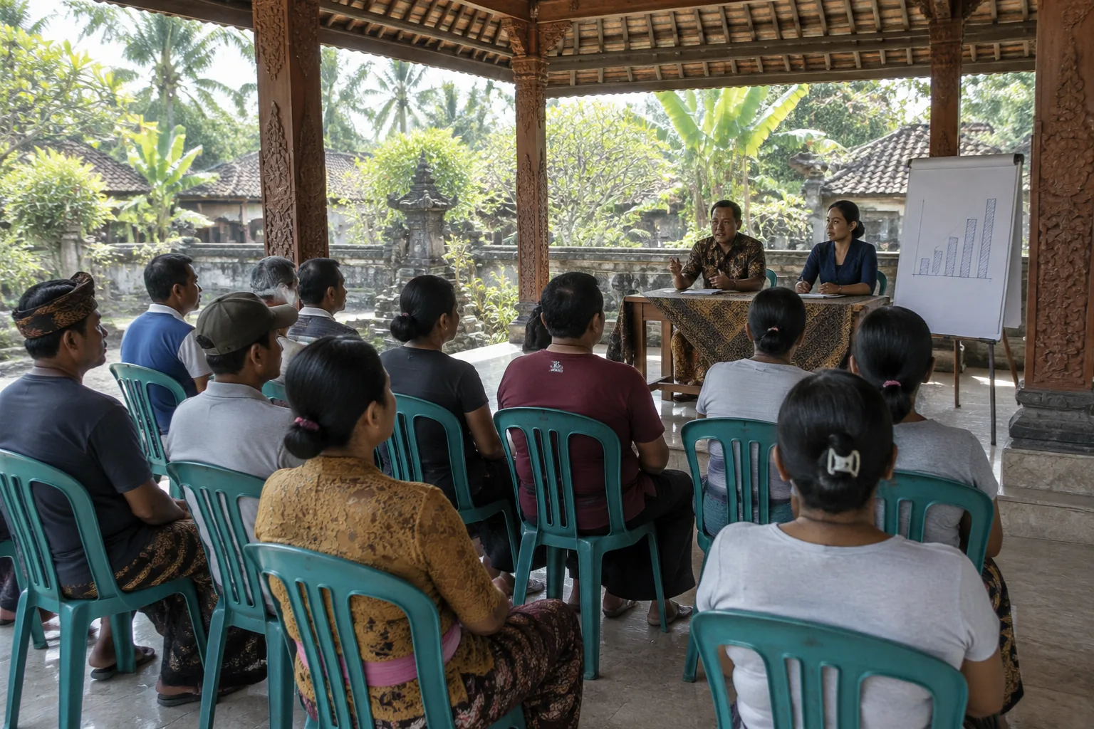 Ilustrasi AI: rapat anggota koperasi di bale banjar